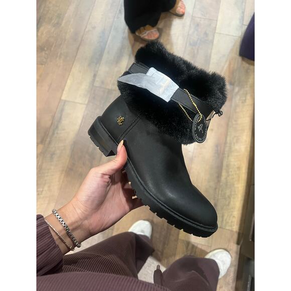 Ralph Lauren Evanston Waterproof Black Leather Winter Warm Fur Moto Boots 5 B - Picture 2 of 5